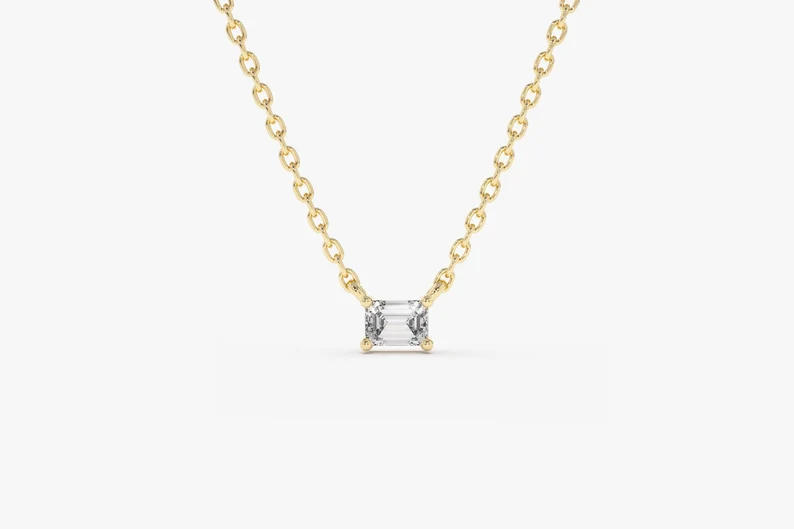 Gold Emerald Cut Diamond Solitaire Necklace