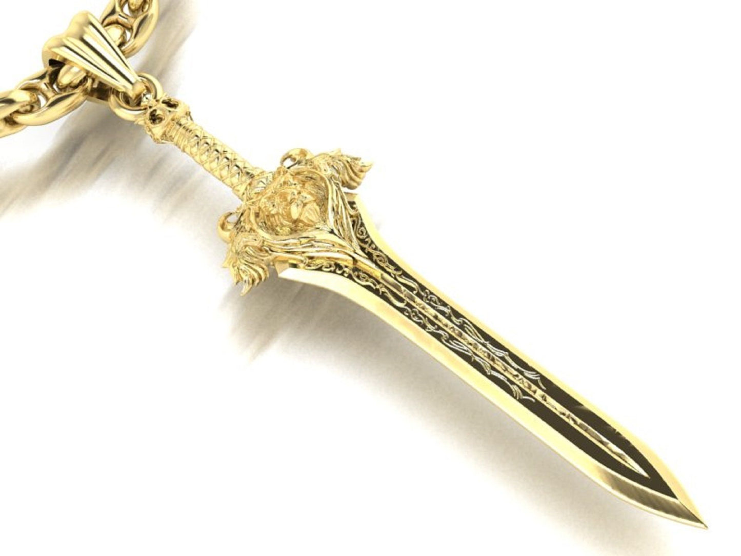 Gold Sword Necklace with Lion Head