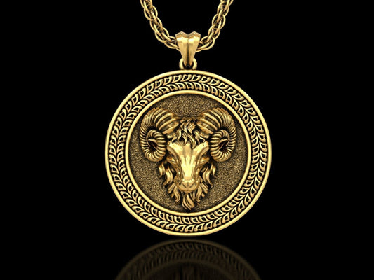 Gold Aries Zodiac Sign Ram Medallion Pendant