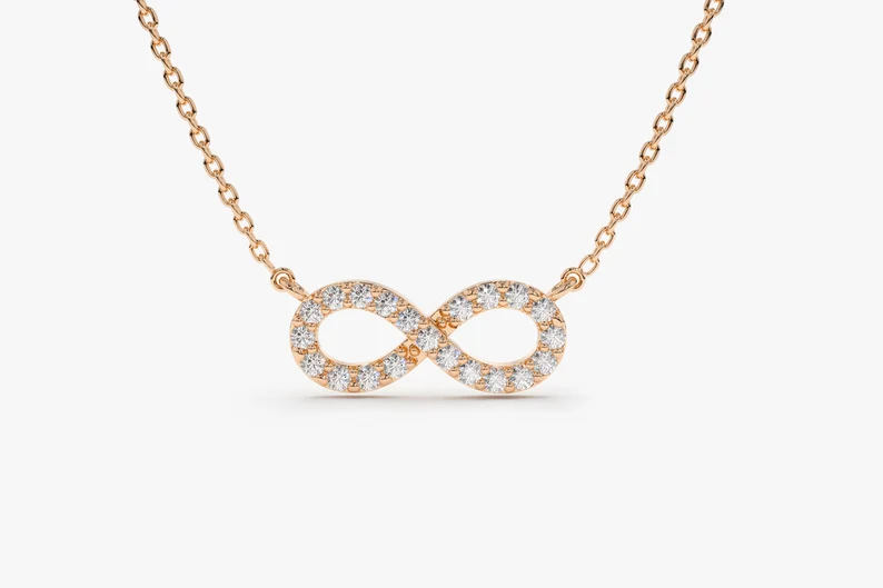 14k Solid Gold Infinity Sign Diamond Necklace, Infinity Diamond Necklace for Her