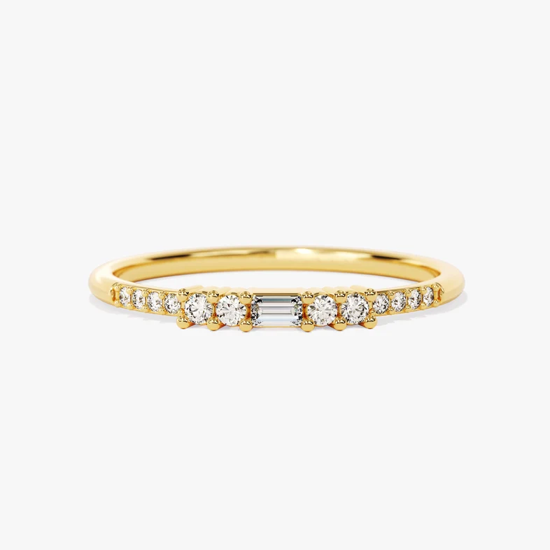 14K Solid Gold Baguette Diamond Center Wedding Ring, Diamond Stacking Ring for Her