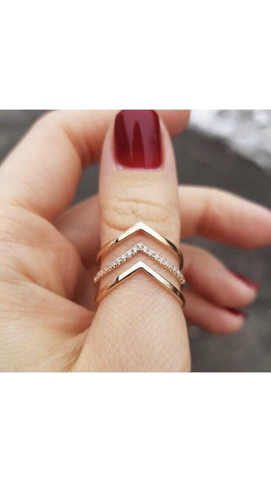 14K Solid Gold 3 Row Diamond Chevron Ring / Gold Chevron Ring / Chevron Ring with Diamonds / Gift for Her