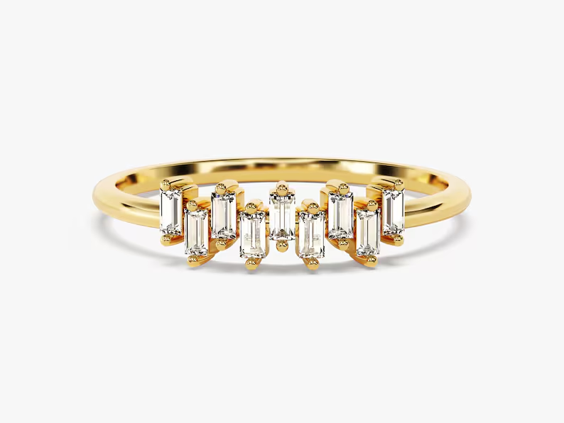 14k Solid Gold Zig Zag Design Baguette Diamond Wedding Band, Half Eternity Baguette Diamond Wedding Ring