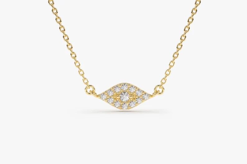 14k Solid Gold Diamond Evil Eye Necklace, Diamond Evil Eye Necklace for Her