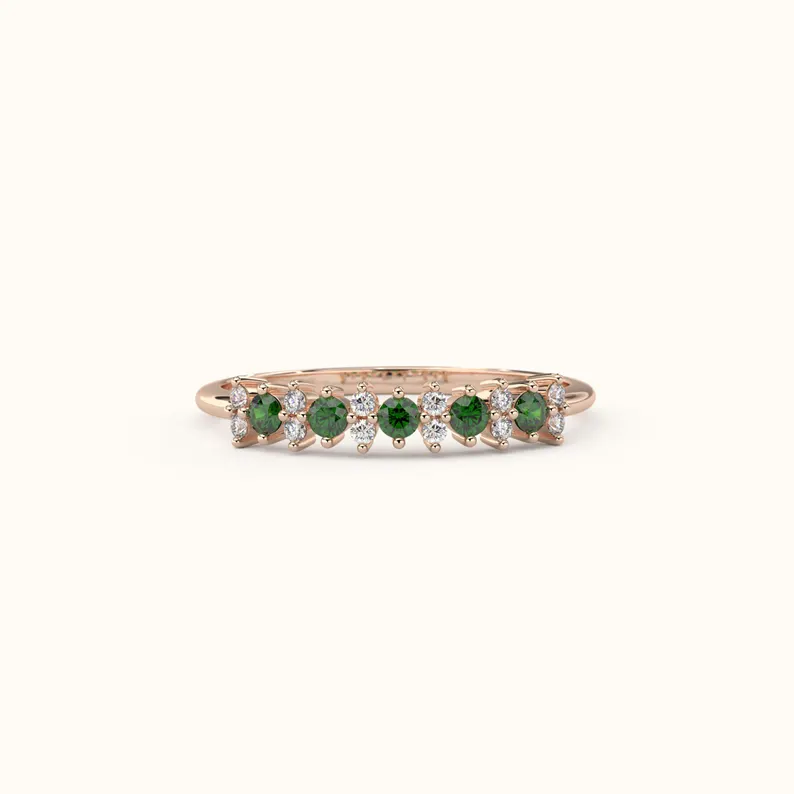 14k Solid Gold Emerald Wedding Band with Diamonds, Diamond Wedding Ring
