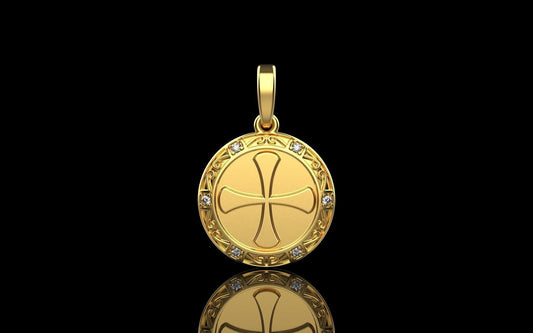 Gold Round Cross Pendant with Diamonds