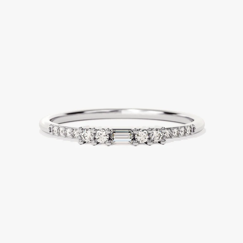 14K Solid Gold Baguette Diamond Center Wedding Ring, Diamond Stacking Ring for Her