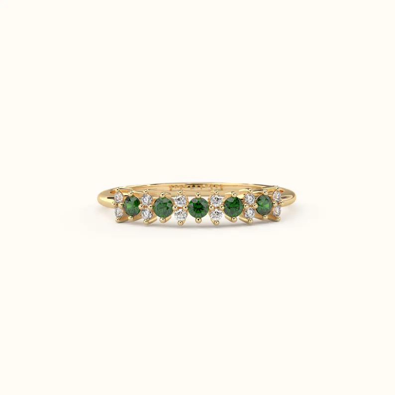 14k Solid Gold Emerald Wedding Band with Diamonds, Diamond Wedding Ring