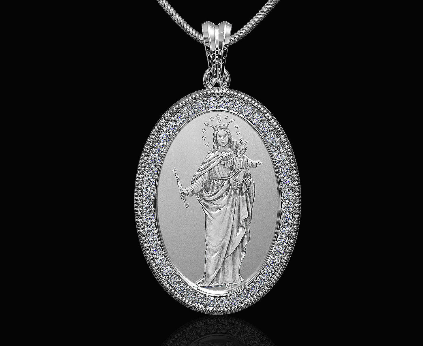 Saint Mary with Baby Jesus Pendant with Diamonds