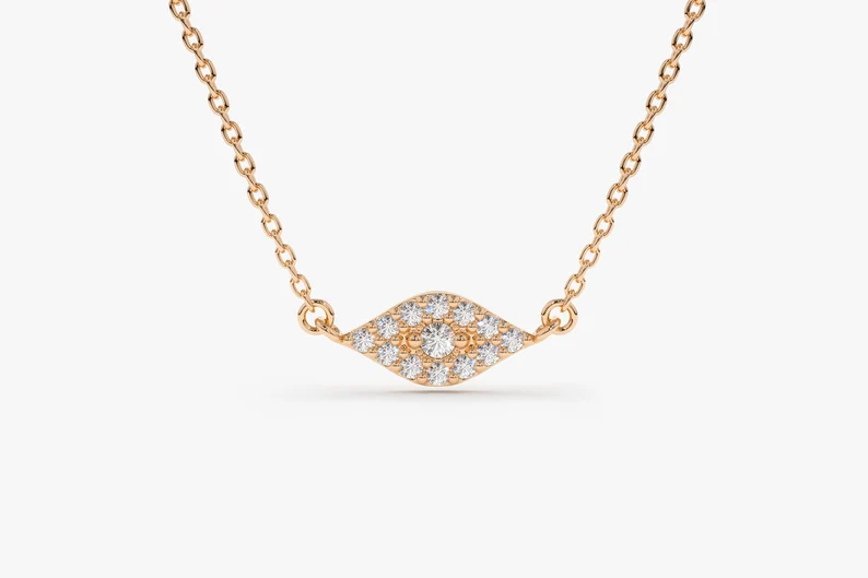 14k Solid Gold Diamond Evil Eye Necklace, Diamond Evil Eye Necklace for Her