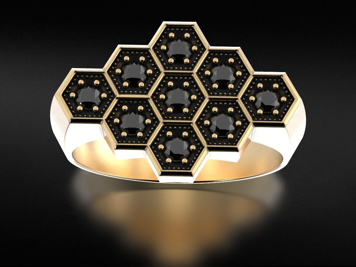 14K Solid Gold Black Diamond Honeycomb Hexagon Ring / Gold Hexagon Honeycomb Ring with Black Diamonds / Gold Honeycomb Black Diamond Ring
