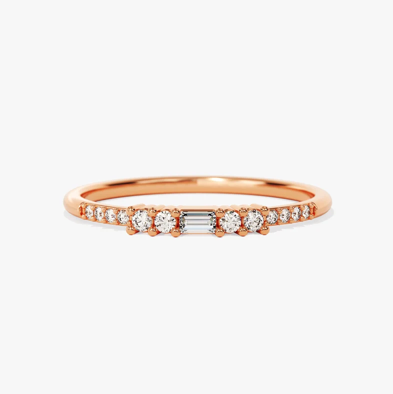 14K Solid Gold Baguette Diamond Center Wedding Ring, Diamond Stacking Ring for Her