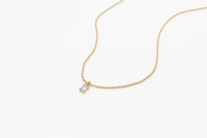 Gold Emerald Cut Diamond Solitaire Necklace