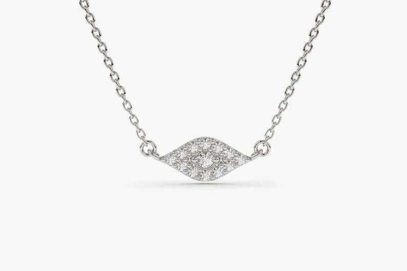 14k Solid Gold Diamond Evil Eye Necklace, Diamond Evil Eye Necklace for Her