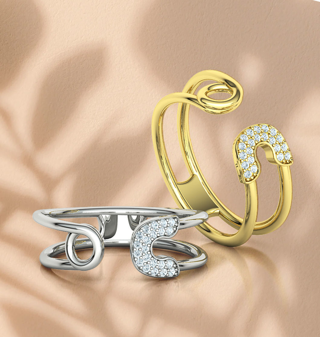 14K Solid Gold Safety Pin Ring with Diamonds / Diamond Safety Pin Ring / Gift for Her
