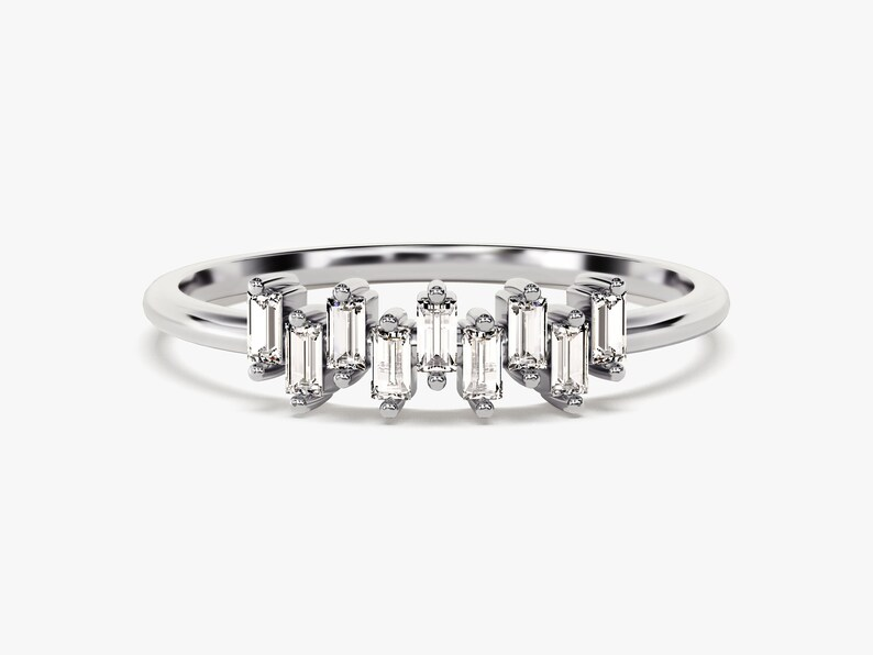14k Solid Gold Zig Zag Design Baguette Diamond Wedding Band, Half Eternity Baguette Diamond Wedding Ring