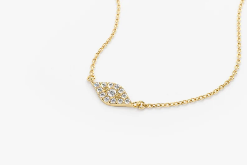 14k Solid Gold Diamond Evil Eye Necklace, Diamond Evil Eye Necklace for Her