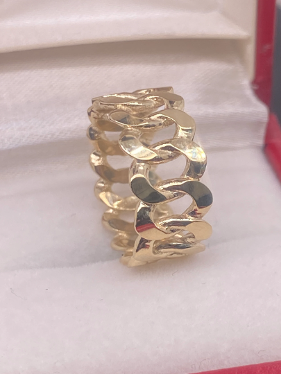 14K Solid Gold Chain Ring / Cuban Chain / Miami Curb Chain Ring / Cuban Link / Stackable Ring / Unisex 8mm Width