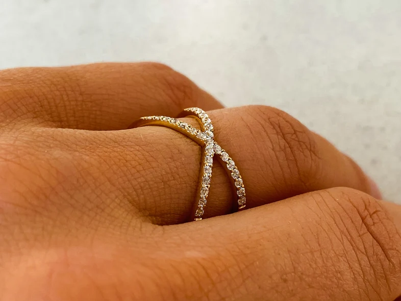 14k Solid Gold Diamond Cris Cross Ring, Cris Cross Diamond Band for Her