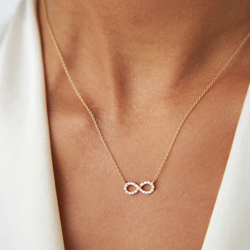 14k Solid Gold Infinity Sign Diamond Necklace, Infinity Diamond Necklace for Her
