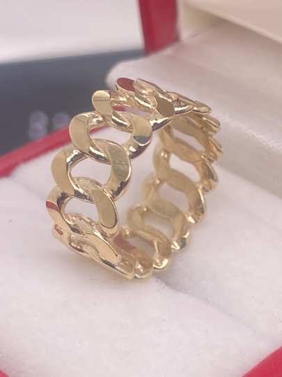 14K Solid Gold Chain Ring / Cuban Chain / Miami Curb Chain Ring / Cuban Link / Stackable Ring / Unisex 8mm Width