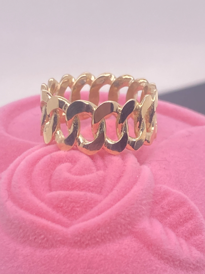 14K Solid Gold Chain Ring / Cuban Chain / Miami Curb Chain Ring / Cuban Link / Stackable Ring / Unisex 8mm Width