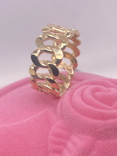 14K Solid Gold Chain Ring / Cuban Chain / Miami Curb Chain Ring / Cuban Link / Stackable Ring / Unisex 8mm Width