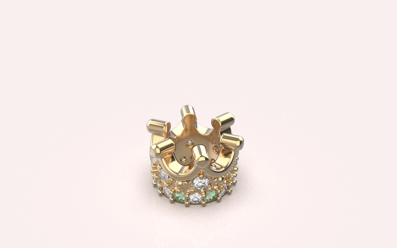 14K Solid Gold Mini Crown Charm Pendant with Diamond and Peridot Gems Unisex Crown Charm