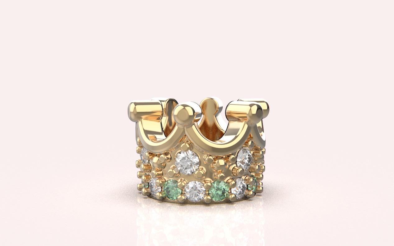 14K Solid Gold Mini Crown Charm Pendant with Diamond and Peridot Gems Unisex Crown Charm