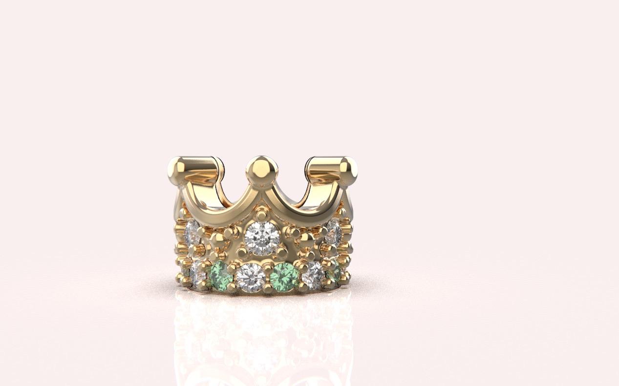 14K Solid Gold Mini Crown Charm Pendant with Diamond and Peridot Gems Unisex Crown Charm