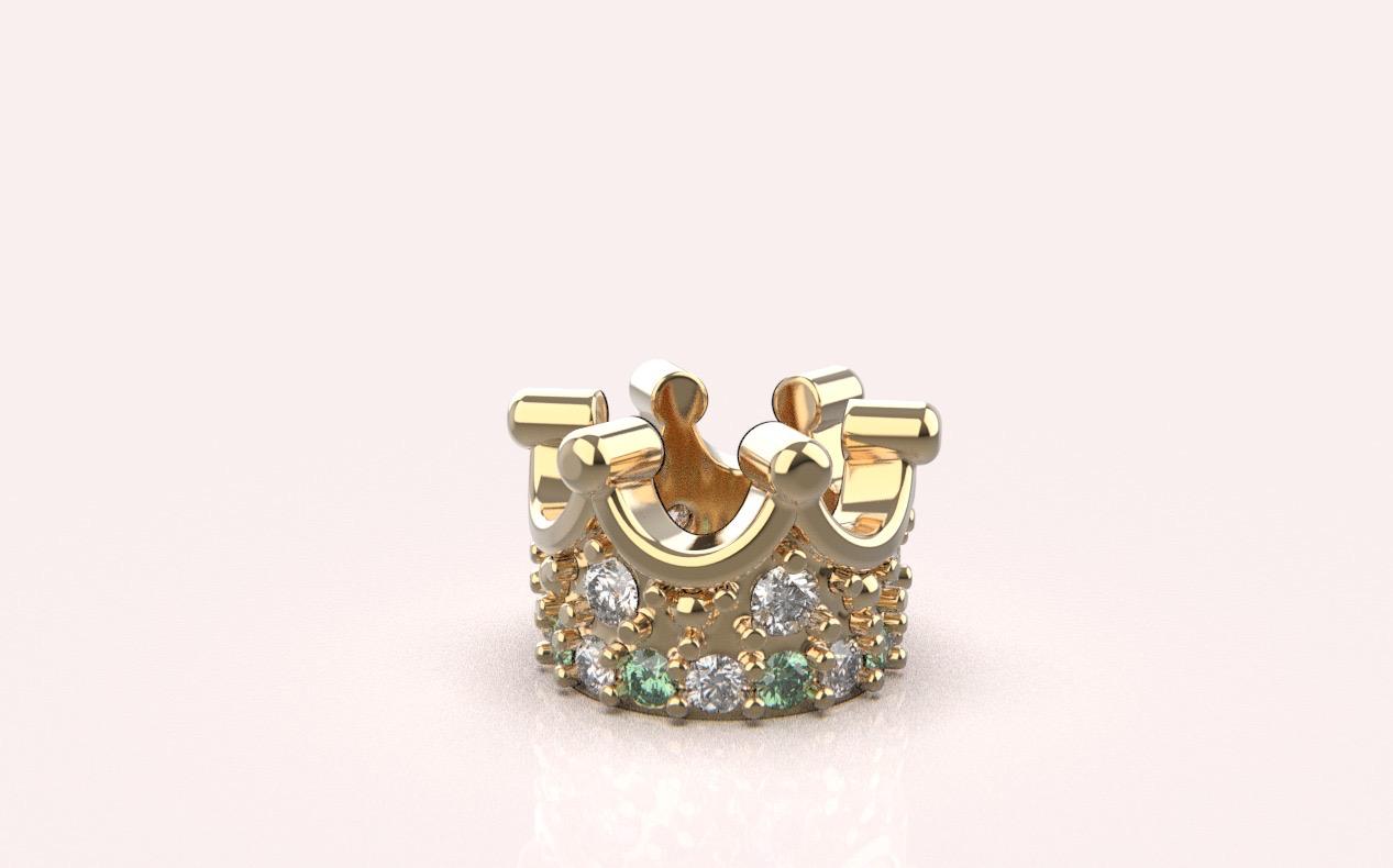 14K Solid Gold Mini Crown Charm Pendant with Diamond and Peridot Gems Unisex Crown Charm