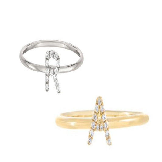 14K Solid Gold Real Diamond Initial / Letter Band / Minimalist Dainty Alphabet Ring in Size 4 to 10 in Color White or Yellow Gold A to Z - JewelsnGlitters