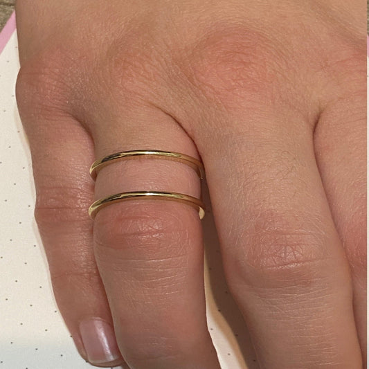 14K Solid Yellow Gold Double Band Ring / Bar Ring / Two Row Stackable Knuckle  Finger Midi Thumb Band / Gap Stacker Ring