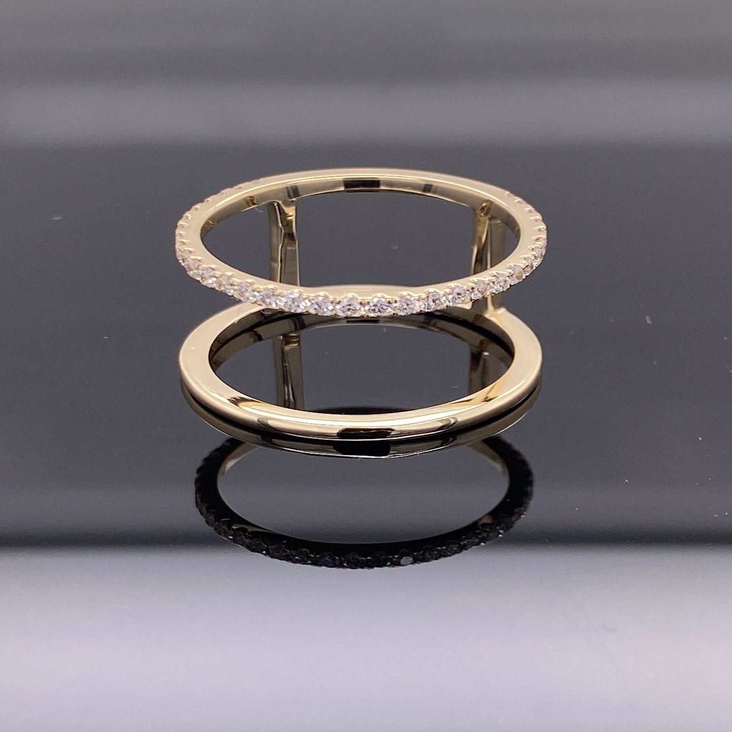 14K Solid Yellow Gold Double Band Ring with Diamonds / Diamond Bar Ring / Two Row Stackable Knuckle Finger Thumb Band / Gap Stacker Ring