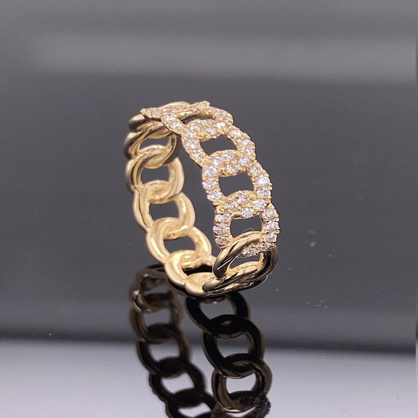 14K Solid Gold Diamond Cuban Link Ring / Link / Chain Gift for Her / Diamond Fashion Ring / Ring 5mm width in Size 4 to 11 - JewelsnGlitters