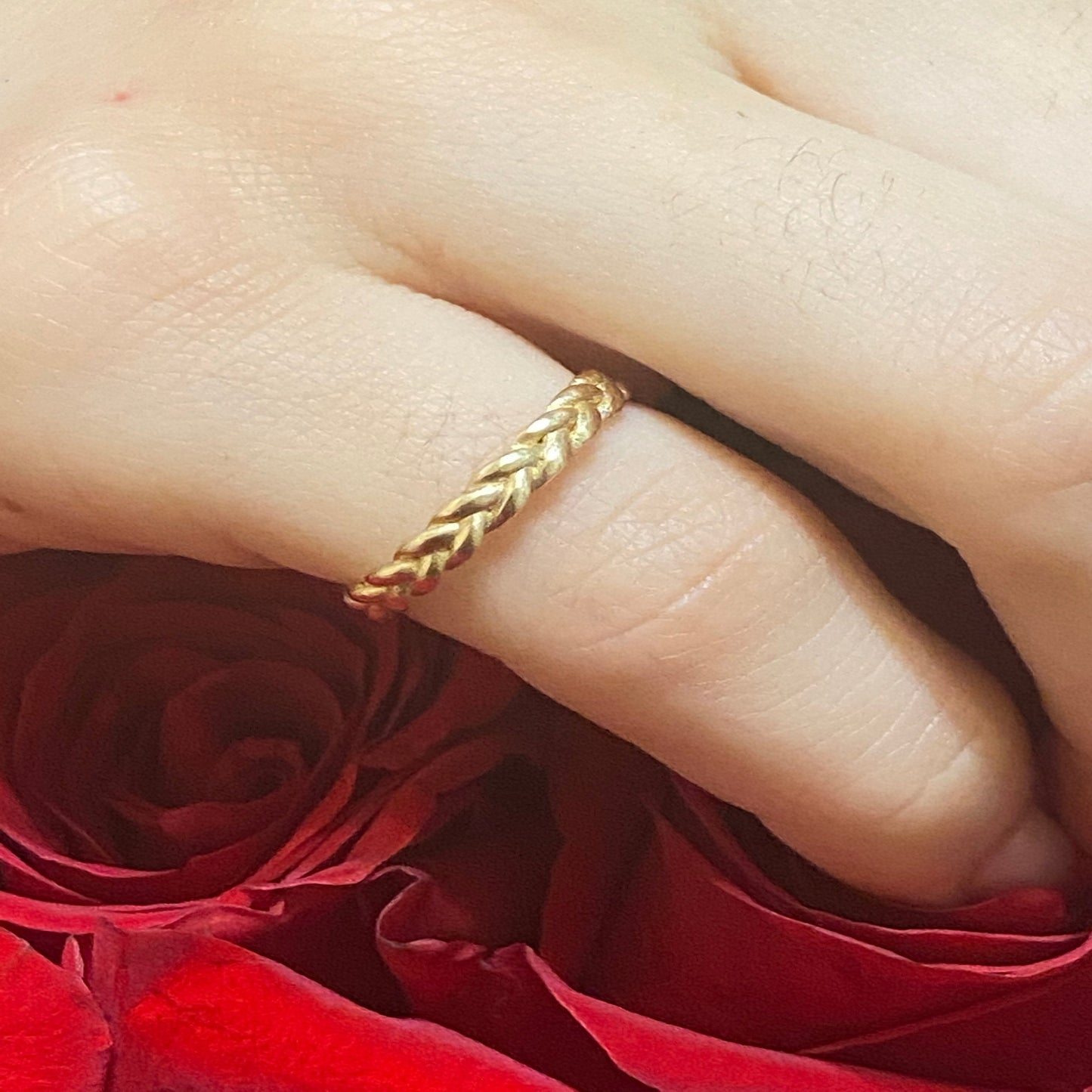 14K Solid Yellow Gold Rope Ring / Stylish Statement Ring / Braid Stacking Ring / Leaf Eternity Ring / Leaf Statement Ring / Gift for Her 3mm
