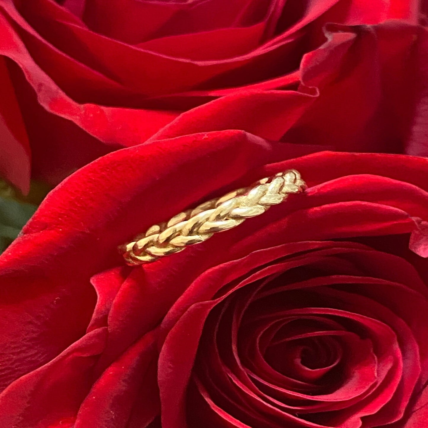 14K Solid Yellow Gold Rope Ring / Stylish Statement Ring / Braid Stacking Ring / Leaf Eternity Ring / Leaf Statement Ring / Gift for Her 3mm