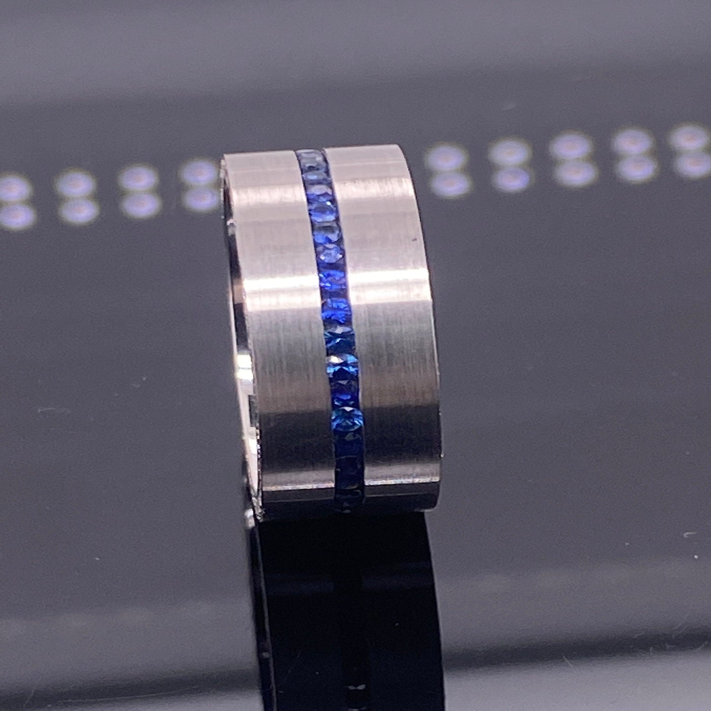 18K Solid White Gold Flat Top 8mm Width Eternity Wedding Band with Natural Sapphires In the Center White Diamonds on the Sides/ Men's Band