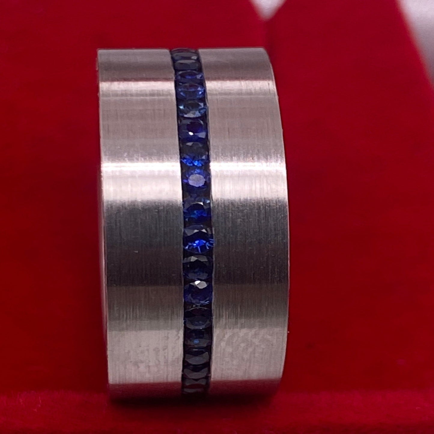 18K Solid White Gold Flat Top 8mm Width Eternity Wedding Band with Natural Sapphires In the Center White Diamonds on the Sides/ Men's Band