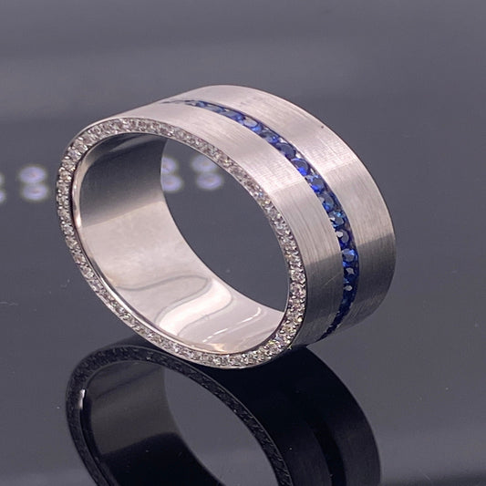 18K Solid White Gold Flat Top 8mm Width Eternity Wedding Band with Natural Sapphires In the Center White Diamonds on the Sides/ Men's Band