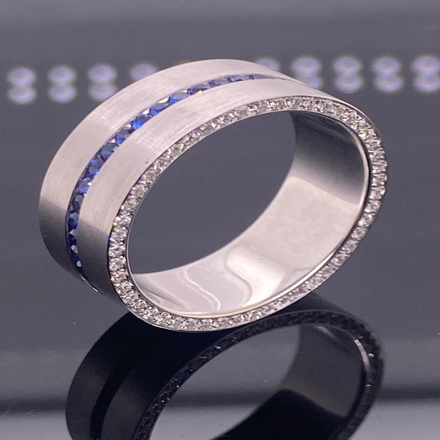 18K Solid White Gold Flat Top 8mm Width Eternity Wedding Band with Natural Sapphires In the Center White Diamonds on the Sides/ Men's Band