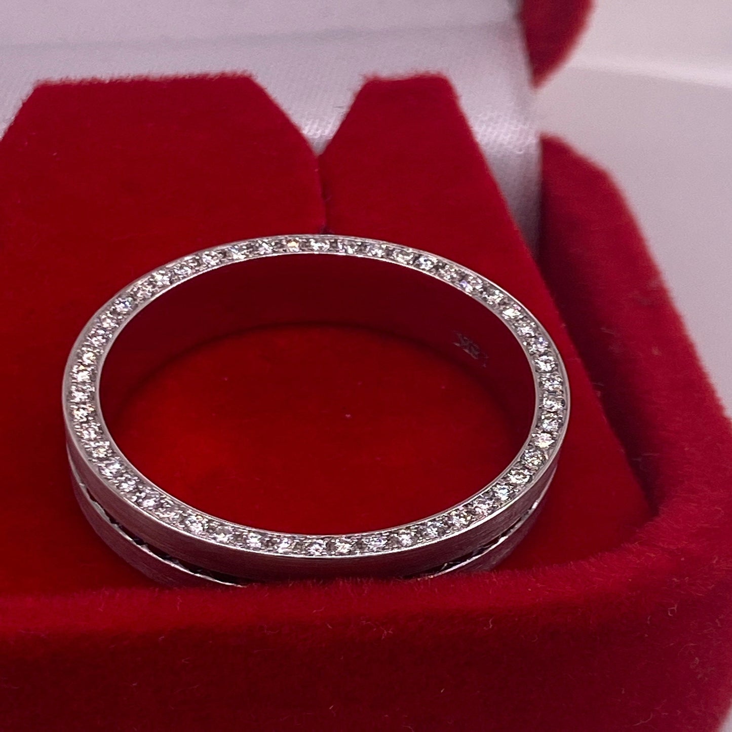 18K Solid White Gold Flat Top 8mm Width Eternity Wedding Band with Natural Sapphires In the Center White Diamonds on the Sides/ Men's Band