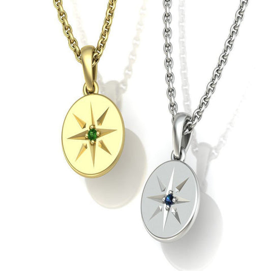 14K Solid Gold North Star Necklace with Diamond Ruby Sapphire or Emerald / Star Necklace