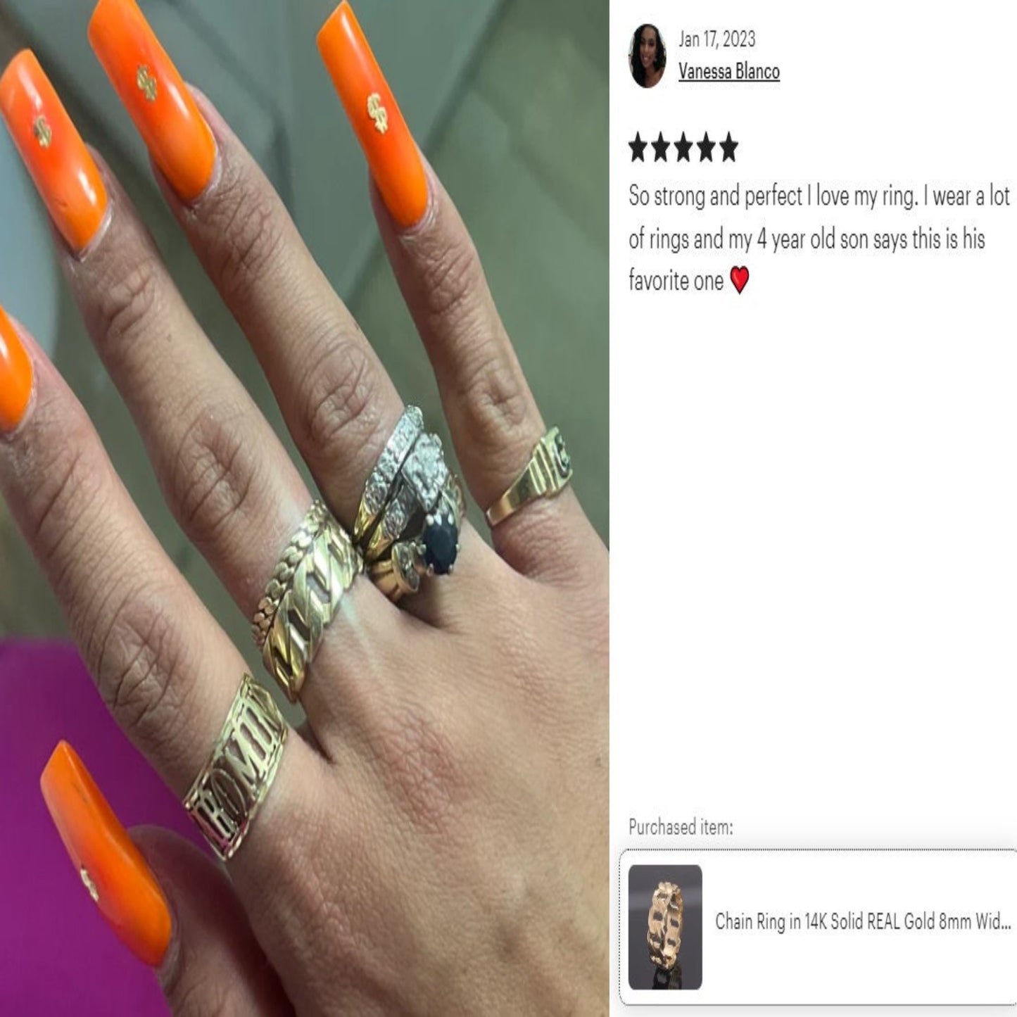 14k Solid Gold Cuban Chain Ring Solid 8mm Width / NEW Cuban Chain /Miami Cuban Chain Ring / Cuban Link / Stackable Ring / Unisex Made in USA