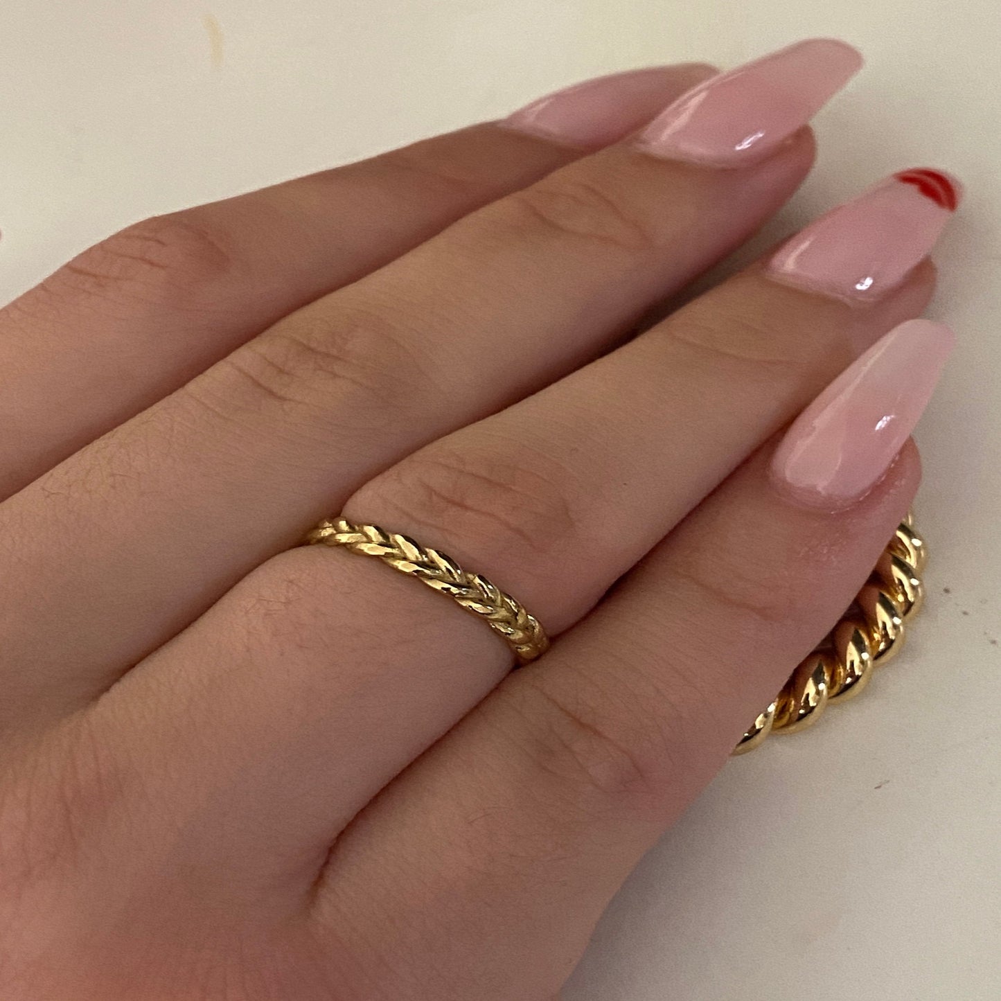 14K Solid Yellow Gold Rope Ring / Stylish Statement Ring / Braid Stacking Ring / Leaf Eternity Ring / Leaf Statement Ring / Gift for Her 3mm