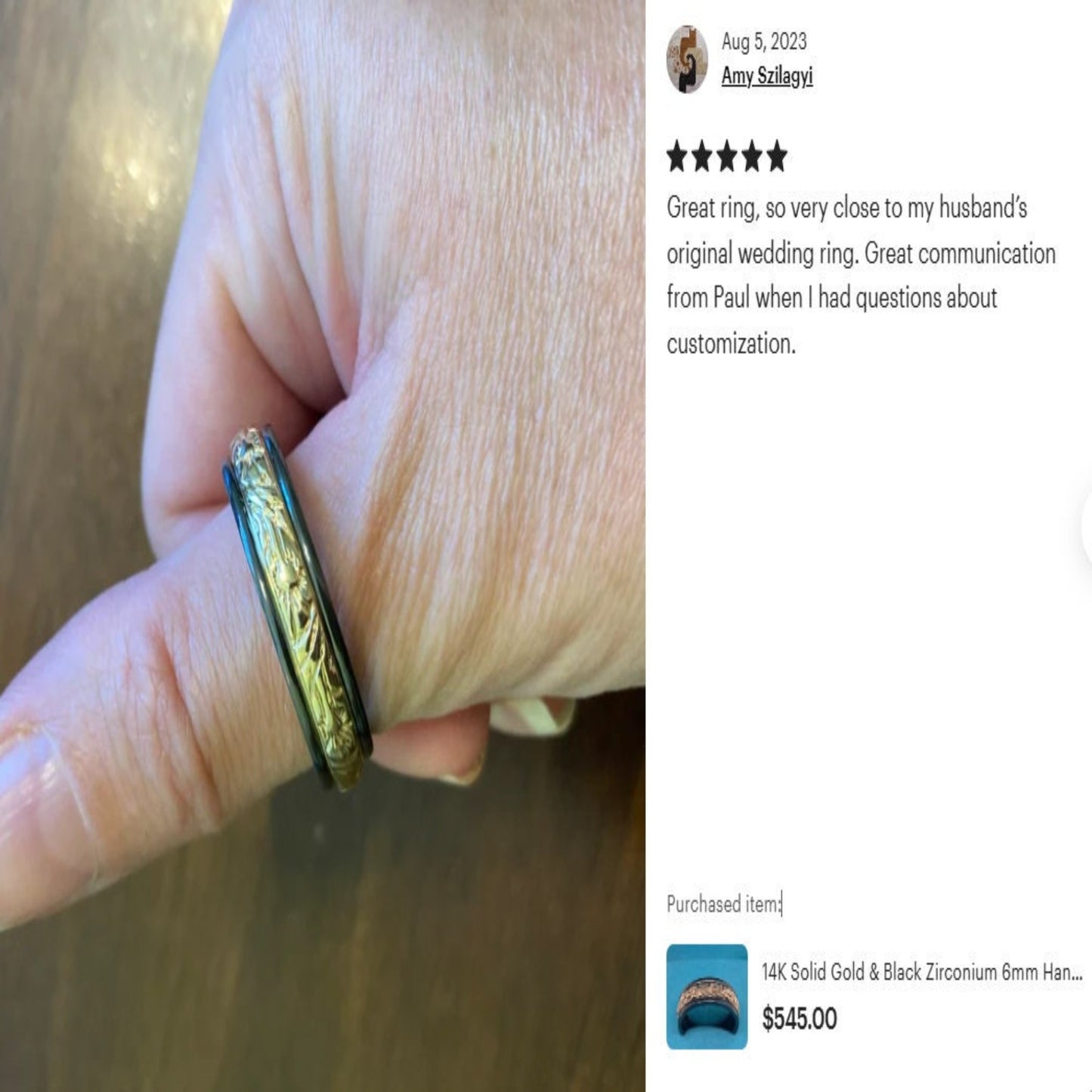 14K Solid Gold Hand Carved Ring with Black Zirconium 6mm Width Hand Carved Gold Center Band / Gold Ring / Unisex Wedding Band - JewelsnGlitters