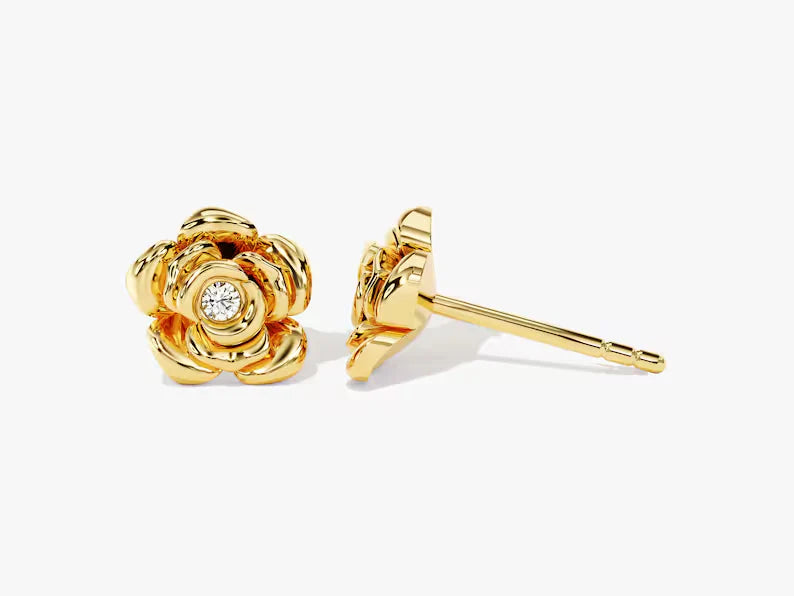 14K Solid Gold Diamond Flower Stud Earrings