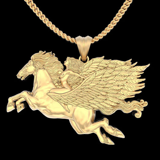 Unleash Elegance with Our 14K Solid Gold Pegasus Woman Horse Rider Pendant