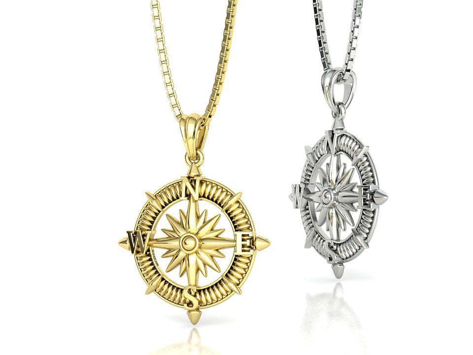 14k Solid Gold 3D Travel Compass Necklace Weight 7 Grams / 23mm Sailor Wind Rose Pendant/ Gift for Her - JewelsnGlitters