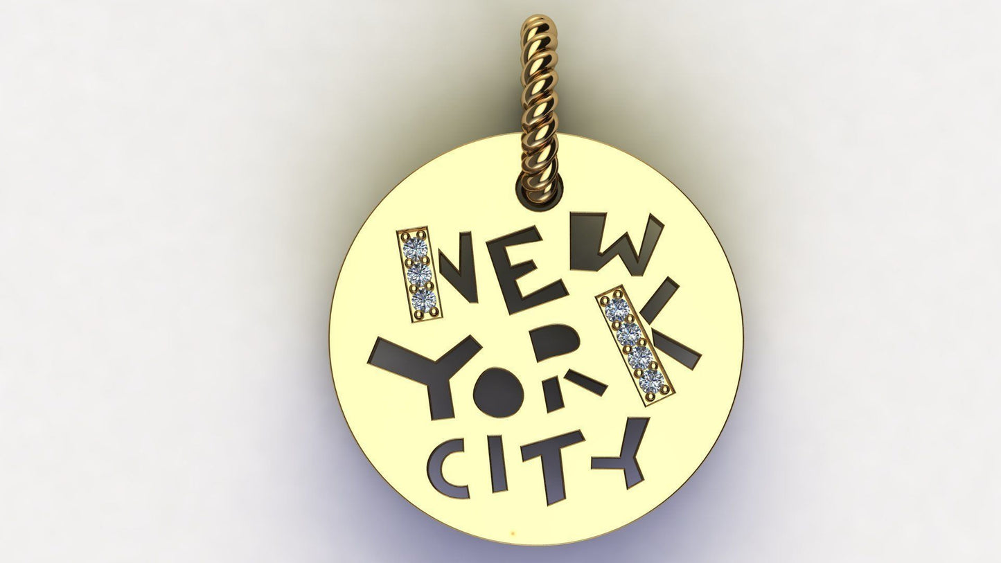 14K Solid Gold New York City Pendant with Diamonds / Round New York City Diamond Pendant / Stylish New York City Pendant / Gift for Her